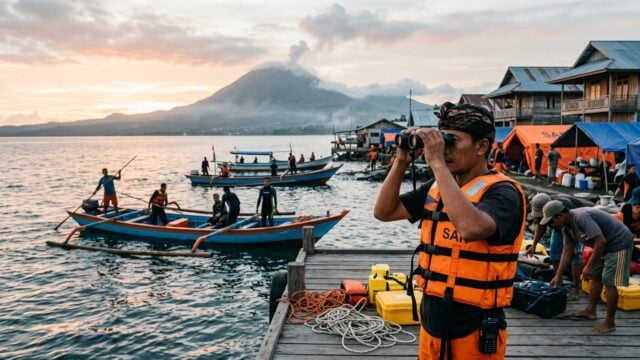 Operasi pencarian dan pertolongan tim SAR gabungan di Dermaga Carita, Pandeglang, Banten untuk menemukan delapan orang yang h