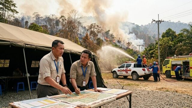 Tim penanganan darurat karhutla Kabupaten Kapuas memantau peta penyebaran hotspot di pos komando tanggap darurat, September 2