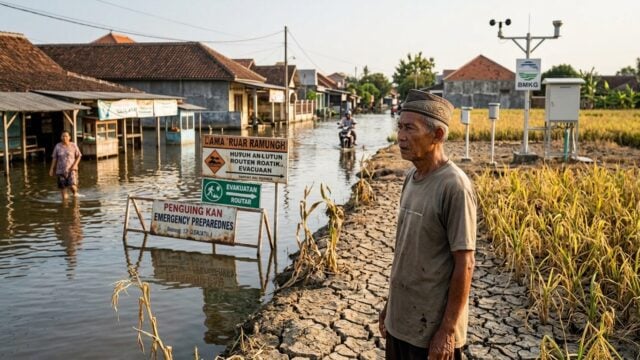 Ilustrasi ancaman kemarau panjang dan kesiapsiagaan Surabaya hadapi El Niño 2026, dengan visualisasi kekurangan air dan risik