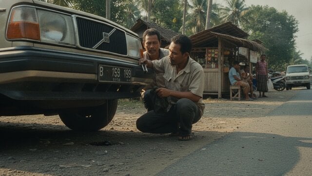 Volvo lawas diperiksa setelah oli mesin bocor di perjalanan