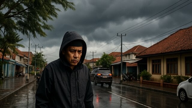 Wilayah hujan hari ini dengan awan gelap di kawasan perkotaan Indonesia
