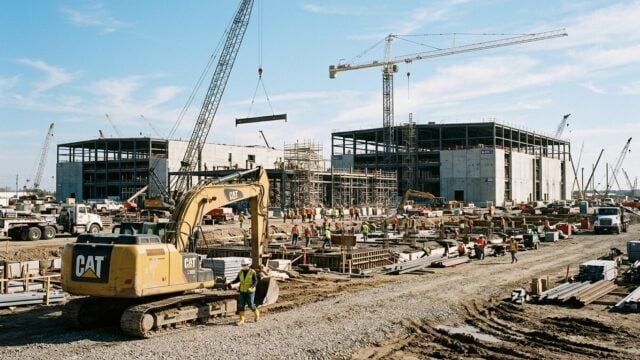 Pembangunan gedung data center besar yang sedang dikerjakan dengan crane