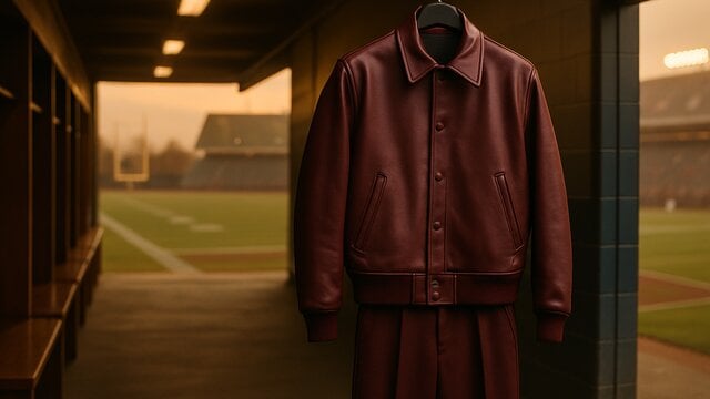 Gaya NFL Pekan 6 dengan jaket kulit burgundy di lorong stadion