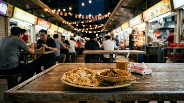 Tempat makan halal Singapura dengan sajian prata pada malam hari