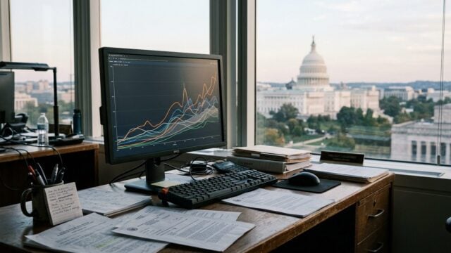 Grafik pencarian super intelligence di layar komputer kantor pemerintahan