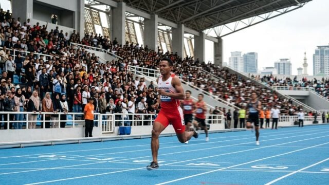 Joel Jin Nwamadi berkompetisi di lintasan atletik Asian Games 2026