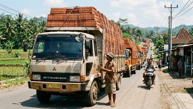 Deretan truk pengangkut genteng dalam program Gentengisasi Prabowo di Purwakarta