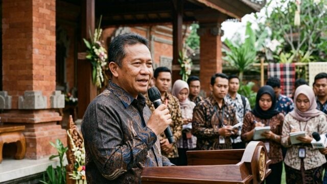Menteri HAM Natalius Pigai memberikan pernyataan di Denpasar, Bali terkait isu reshuffle kabinet