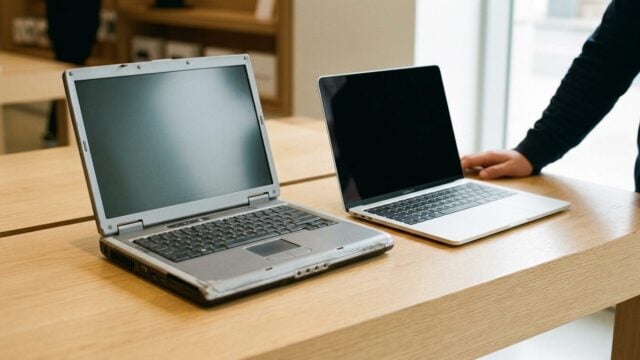 Surface Laptop Ultra dan MacBook Pro untuk ilustrasi program tukar tambah