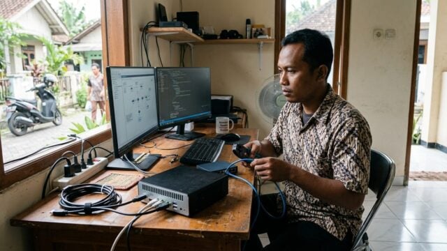 Mini PC Moginsok MG01 dengan koneksi monitor dan jaringan