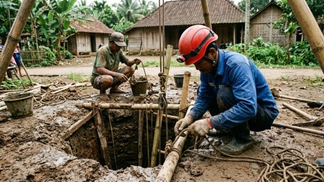 Tim SAR memperkuat dinding sumur saat evakuasi longsor sumur Lebak