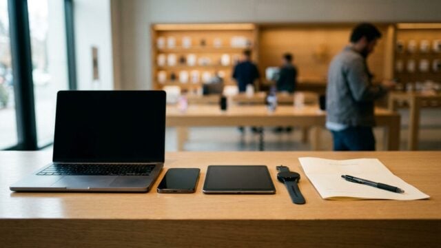 Program Apple Upgrade dan perangkat Apple di meja transaksi