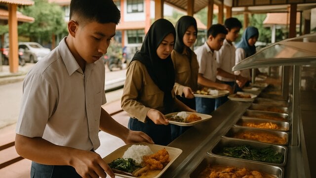 Sistem prasmanan MBG dengan makanan tersaji untuk siswa sekolah