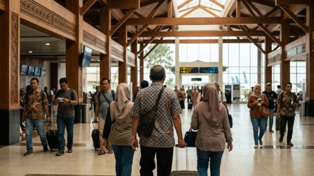 Penumpang penerbangan internasional berjalan di terminal bandara Indonesia