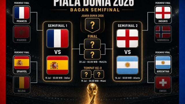 Bagan semifinal Piala Dunia 2026: Prancis vs Spanyol, Inggris vs Argentina